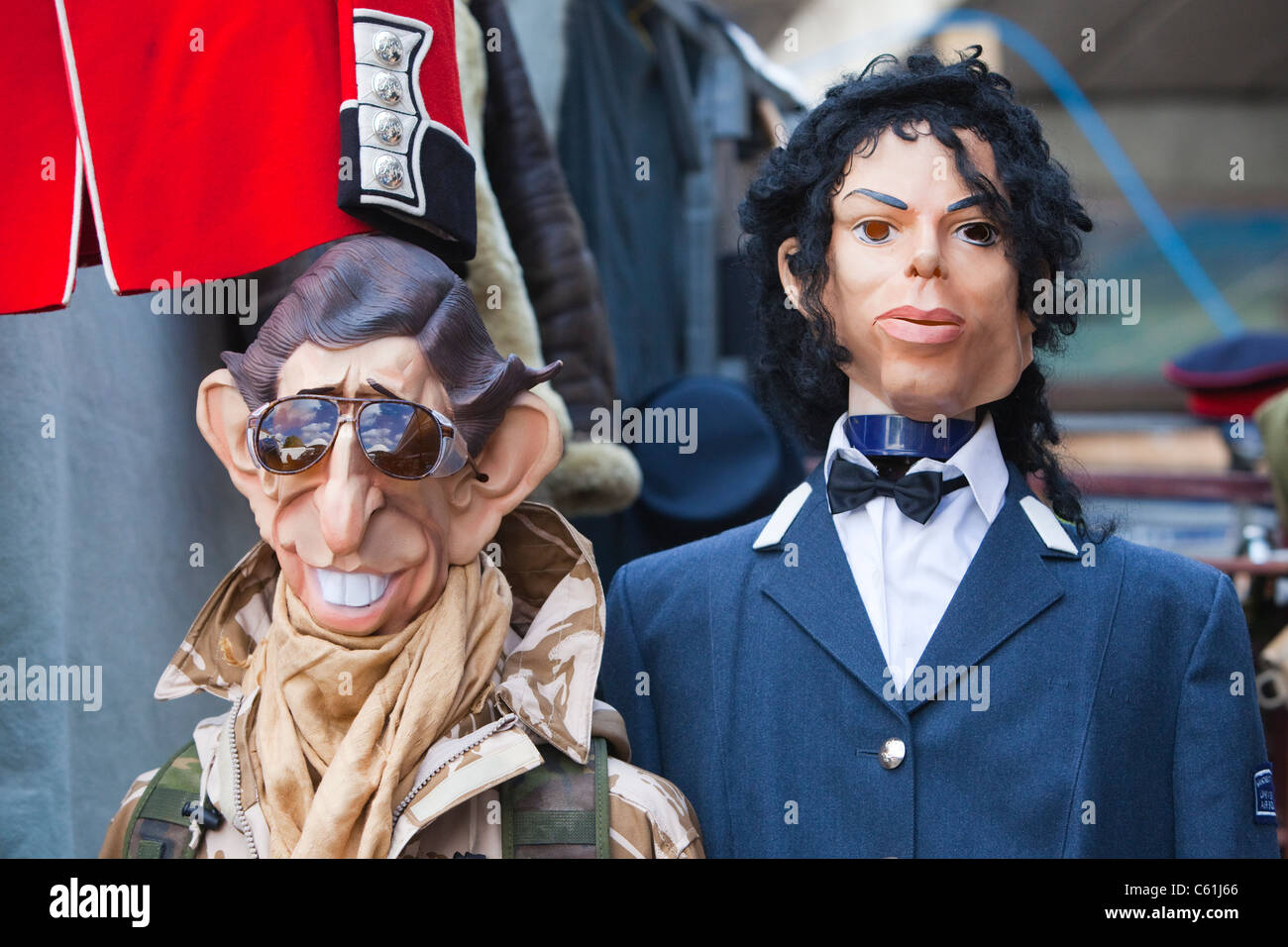 Portobello Market - Prinz Charles und Michael Jackson Gummimasken Stockfoto