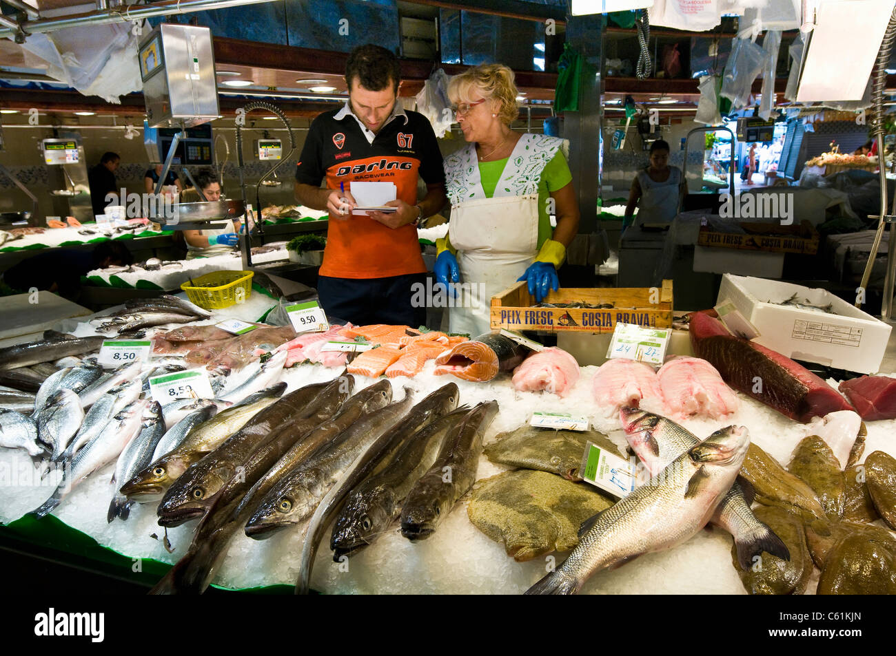 Fisch stand auf la Boqueria, Barcelona, Spanien Stockfoto