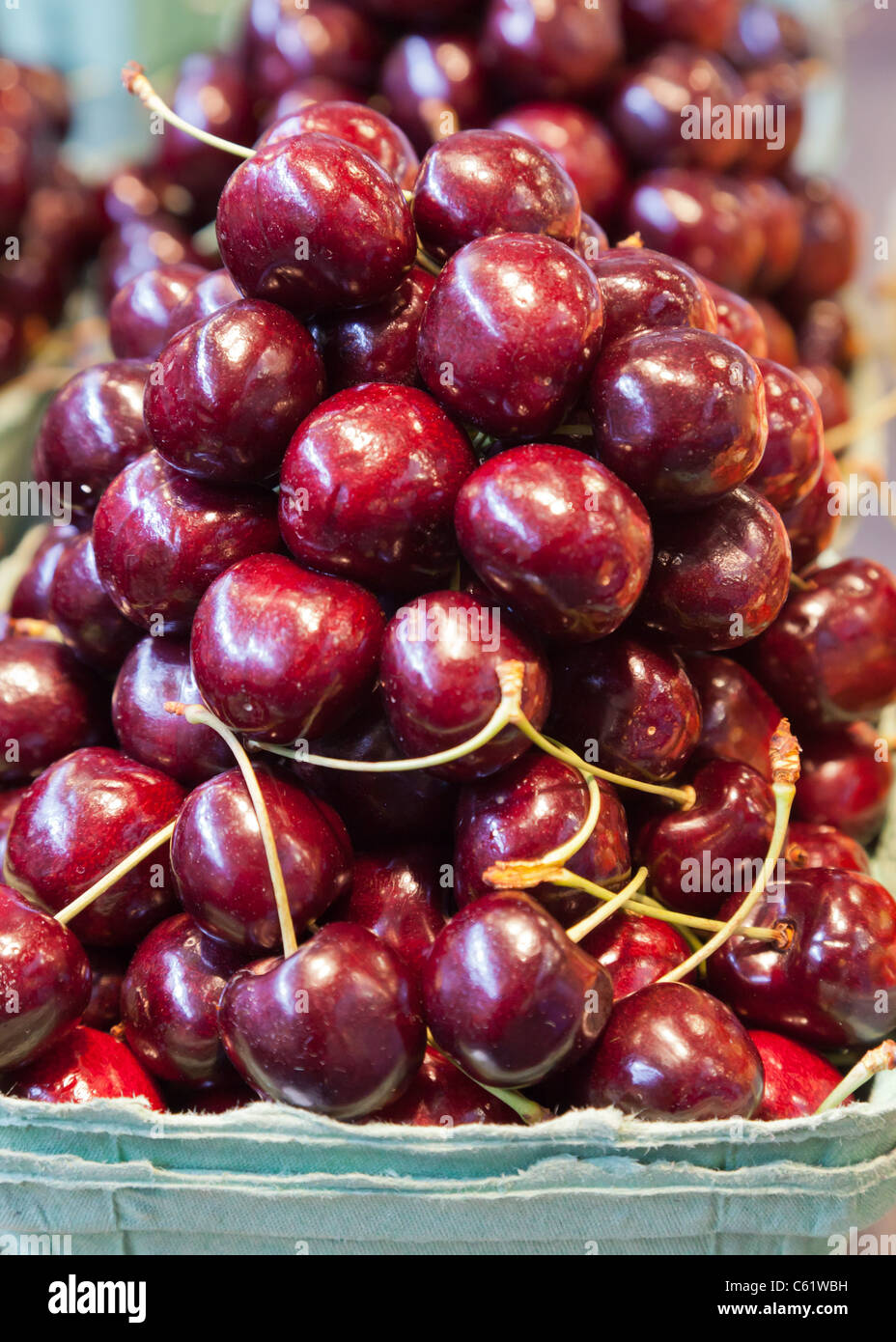 Ein Haufen von frische saftige Kirschen zum Verkauf auf einem öffentlichen Markt Stockfoto