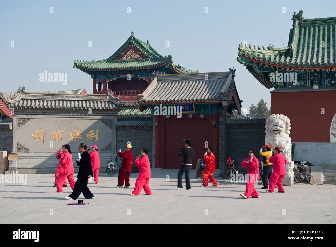 Eine t ' ai Chi ch'uan Klasse in den frühen Morgenstunden außerhalb der Dabeiyuan buddhistisches Kloster, Tianjin, China Stockfoto