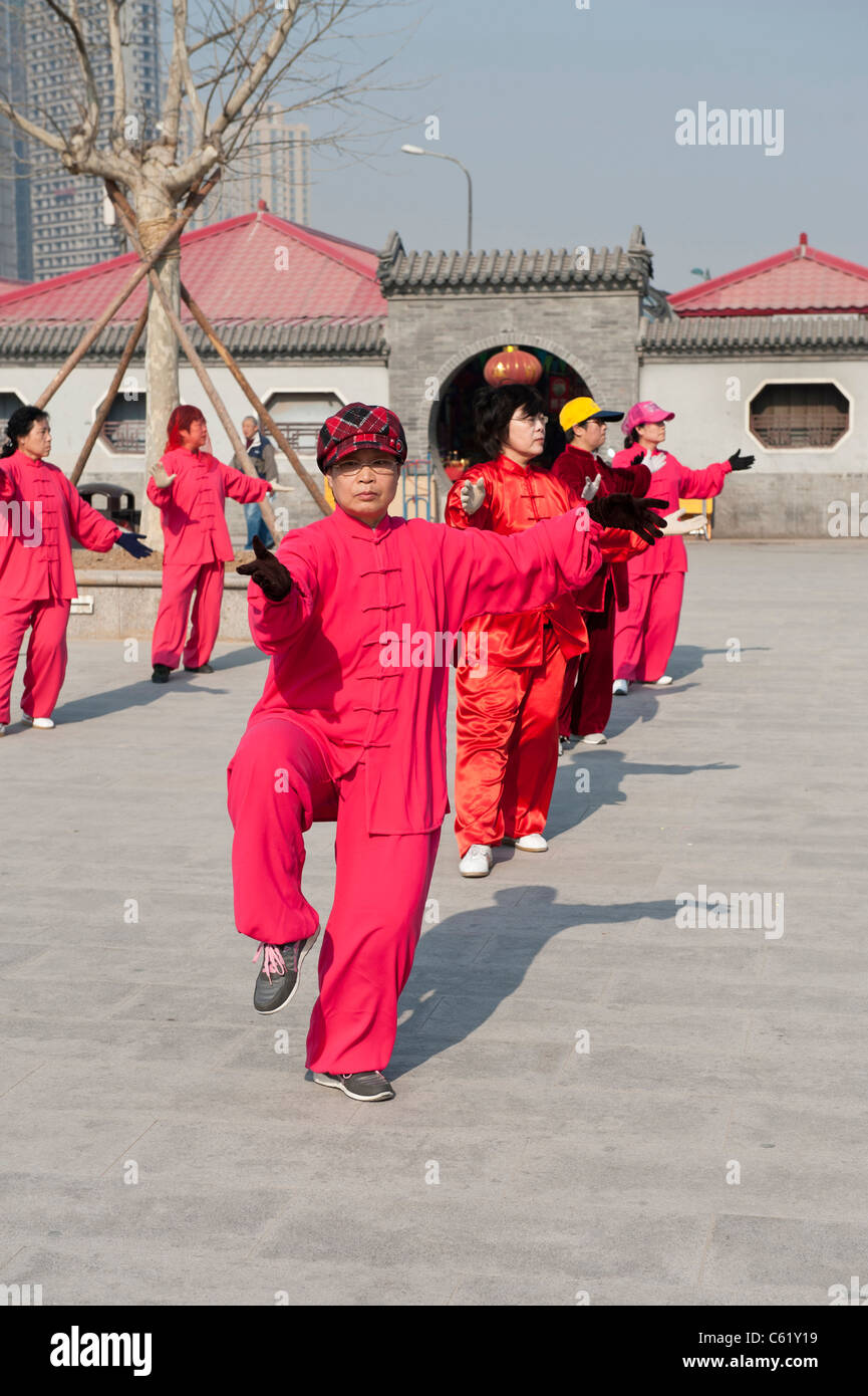 Eine t ' ai Chi ch'uan Klasse in den frühen Morgenstunden außerhalb der Dabeiyuan buddhistisches Kloster, Tianjin, China Stockfoto