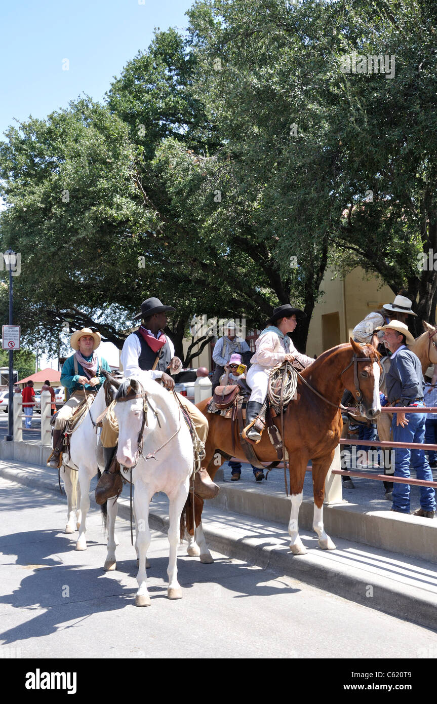 Cowboys auf Pferden, Schlachthöfe, Fort Worth, Texas, USA Stockfoto