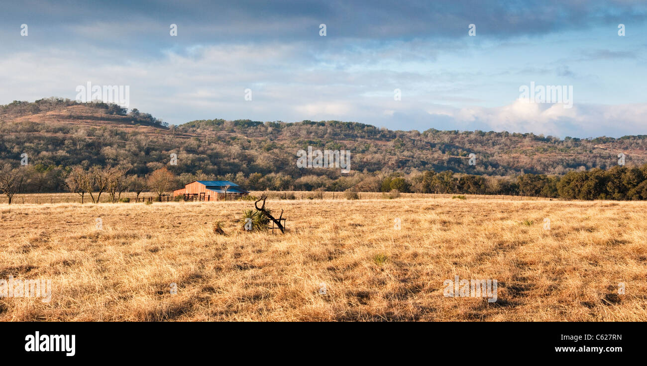 Panorama der Ranch am Block Creek Naturschutzgebiet in Zentral-Texas. Stockfoto