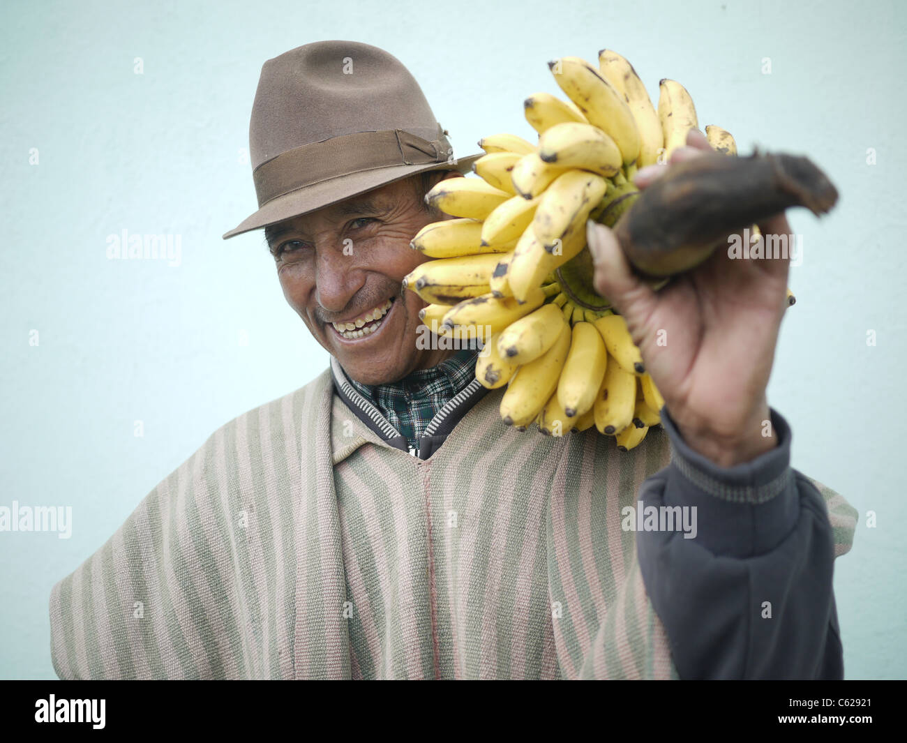 Südamerikanische Mann trägt Bananen mit Lächeln. Anden, Ecuador Stockfoto