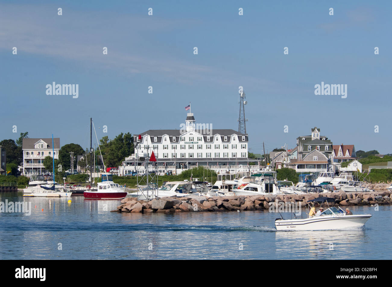 Rhode Island, Block Island (aka New Shoreham). Der malerische Hafen Bereich der Innenstadt von Block Island. Stockfoto