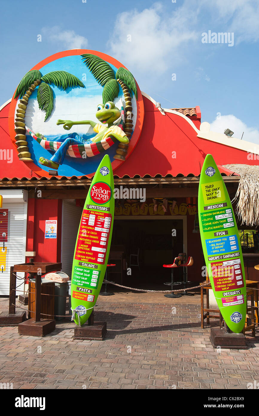 Eingang zum Senor Frogs Restaurant, bar und grill im South Beach Plaza, palm Beach, Aruba, Niederländische Karibik Stockfoto