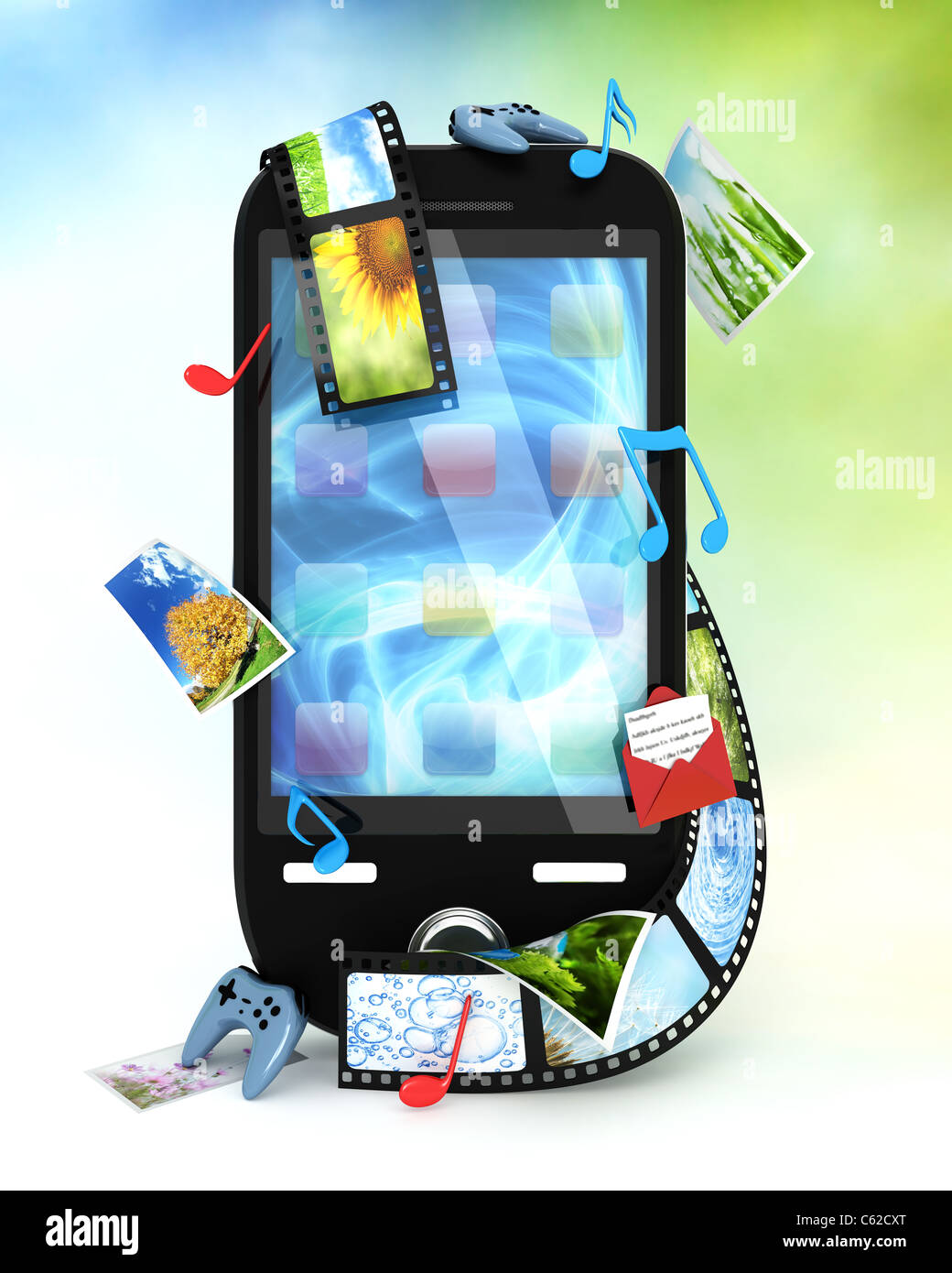 Smartphone mit Fotos, Videos, Musik und Spiele Stockfoto