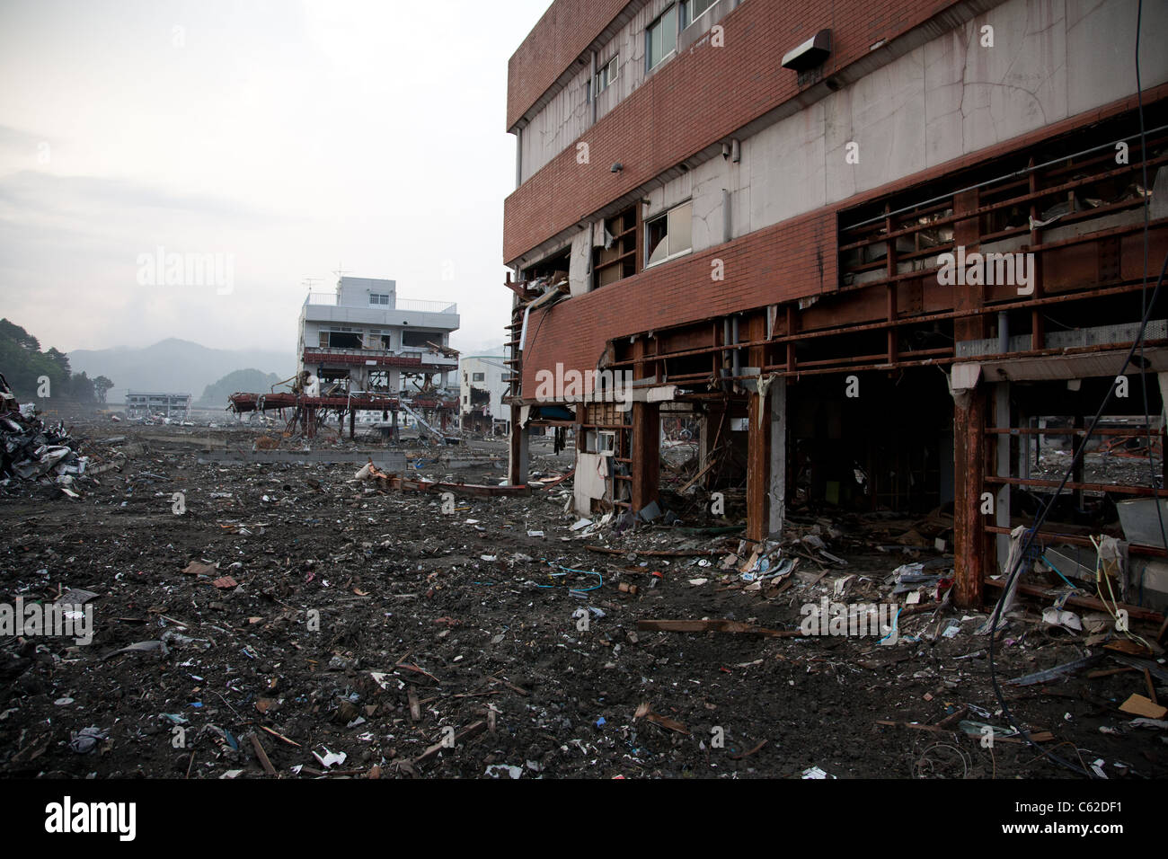 Gebäude sind in diesem Wohngebiet, ausgenommen durch den Tsunami, Otsuchi, Iwate, Japan, Juni 2011 Stockfoto