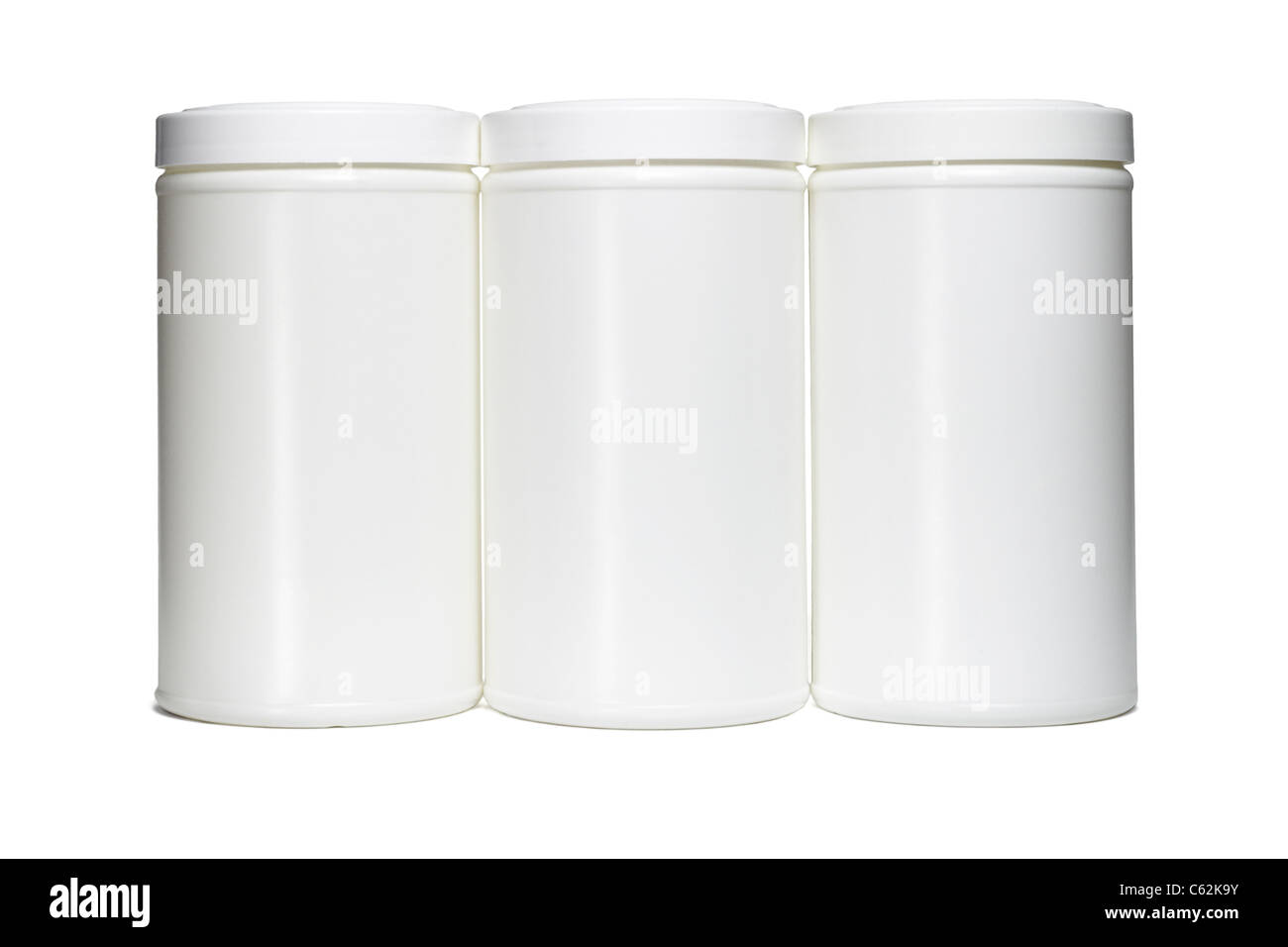 Drei weiße Kunststoff-Behälter auf isolierte Hintergrund Stockfoto