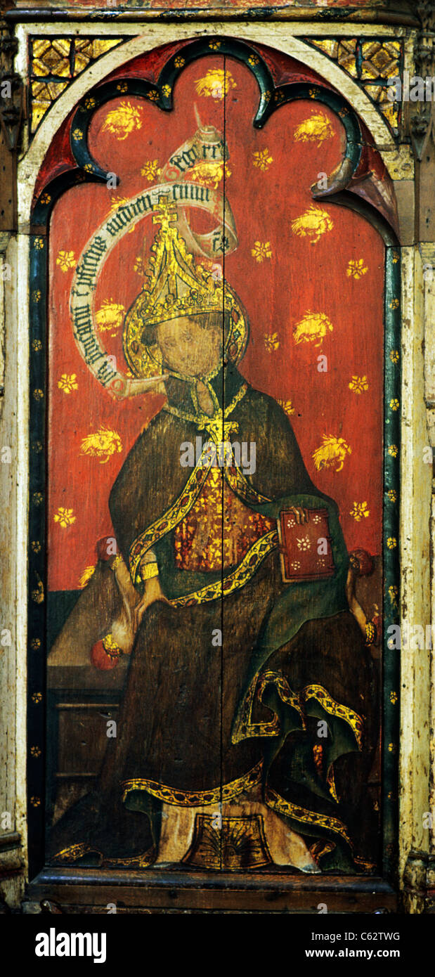Schloss Acre, Norfolk. St. Gregor der große, 15. Jahrhundert Kanzel, einer der 4 Platten repräsentieren die vier lateinischen Ärzte Papst Päpste Stockfoto