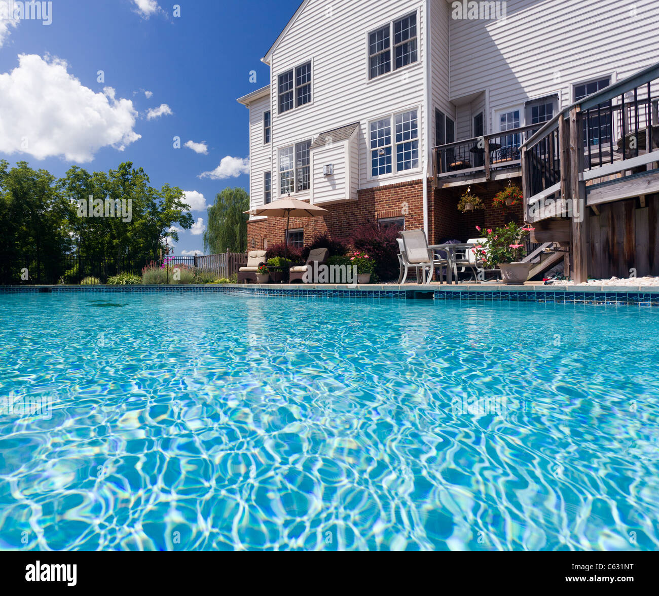 Garten Swimmingpool und Garten hinter dem modernen Einfamilienhaus Stockfoto
