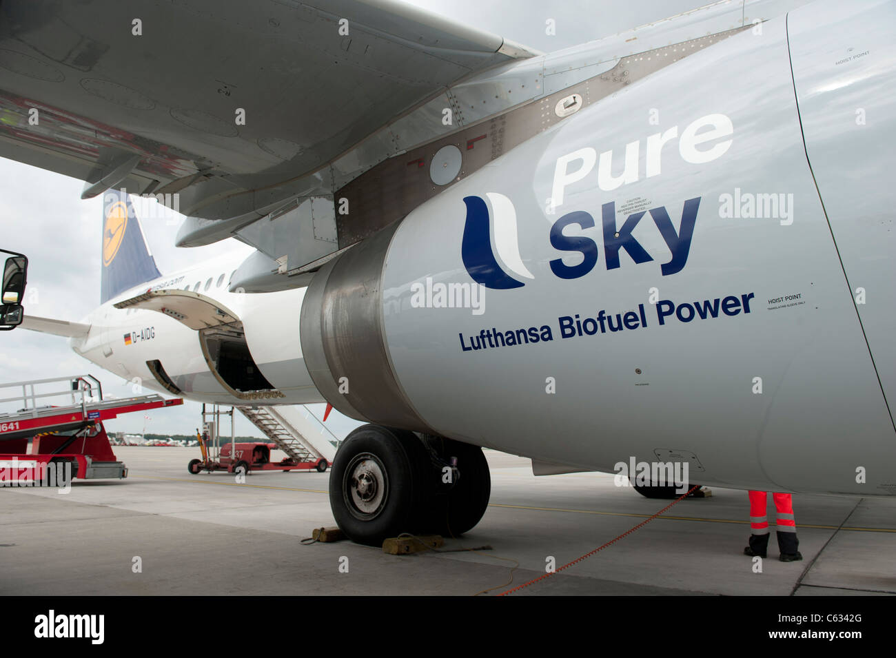 DEUTSCHLAND Flughafen Hamburg, Lufthansa Airbus A321 hat an einem Flugzeugmotor eine Mischung aus Jatropha-Öl und anderen Pflanzenölen mit reinem Sky-Biokraftstoff aufgetankt, um alternative Kraftstoffe aus nachwachsenden Rohstoffen zu nutzen Stockfoto