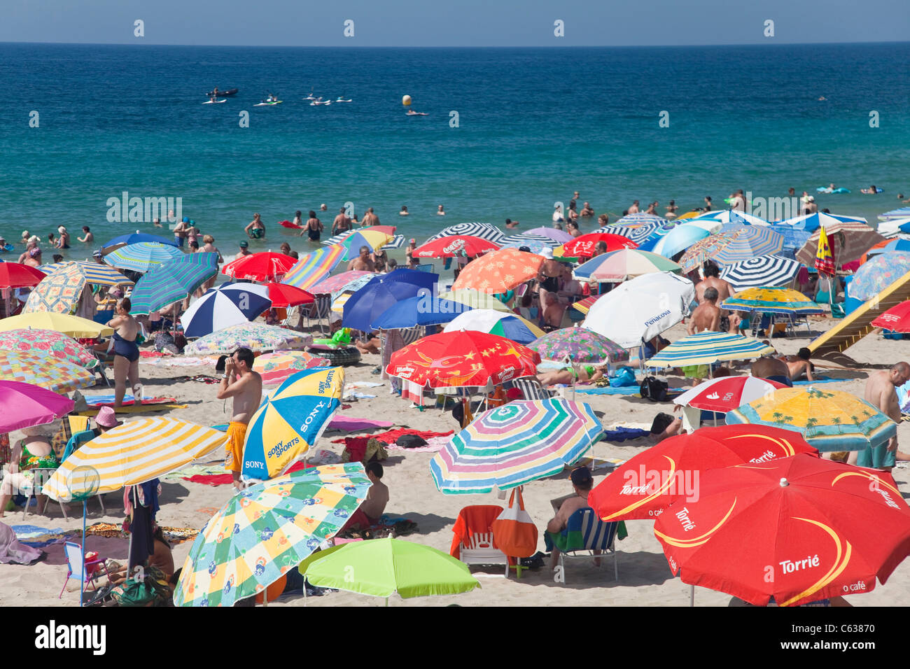 Bunte Sonnenschirme am Strand von Benidorm in Spanien Stockfoto