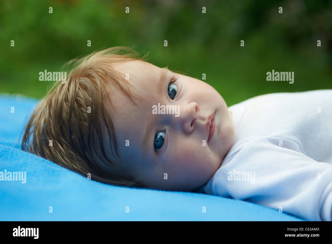 Kleines Mädchen auf blaue Decke Gras außen liegend Stockfoto