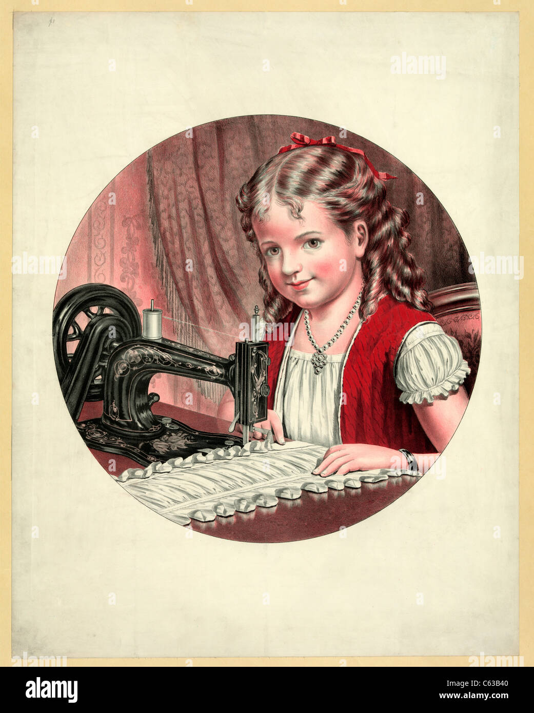 Kind an Nähmaschine ca. 1872 Stockfoto