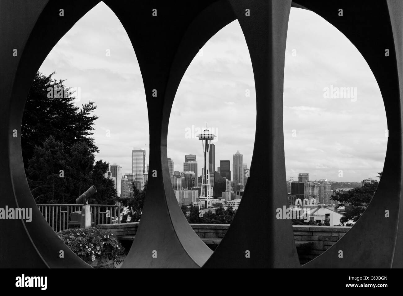 Skyline von Seattle aus Kerry Park, schwarz und weiß Stockfoto