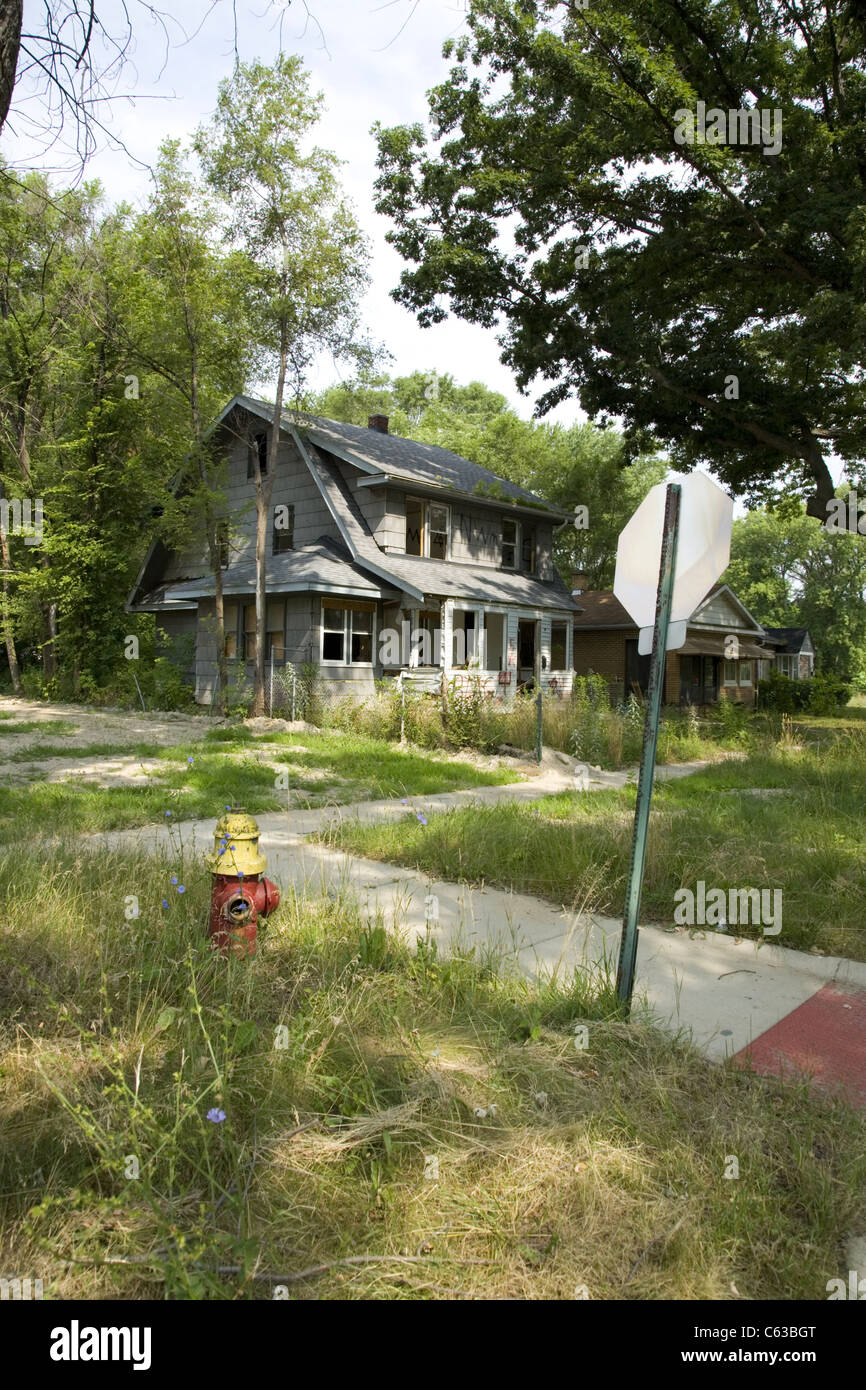 Straßenecke in der halben ärztliche-, ausgebrannt und vernachlässigt Brightmoor Nachbarschaft in Detroit, Michigan. Stockfoto