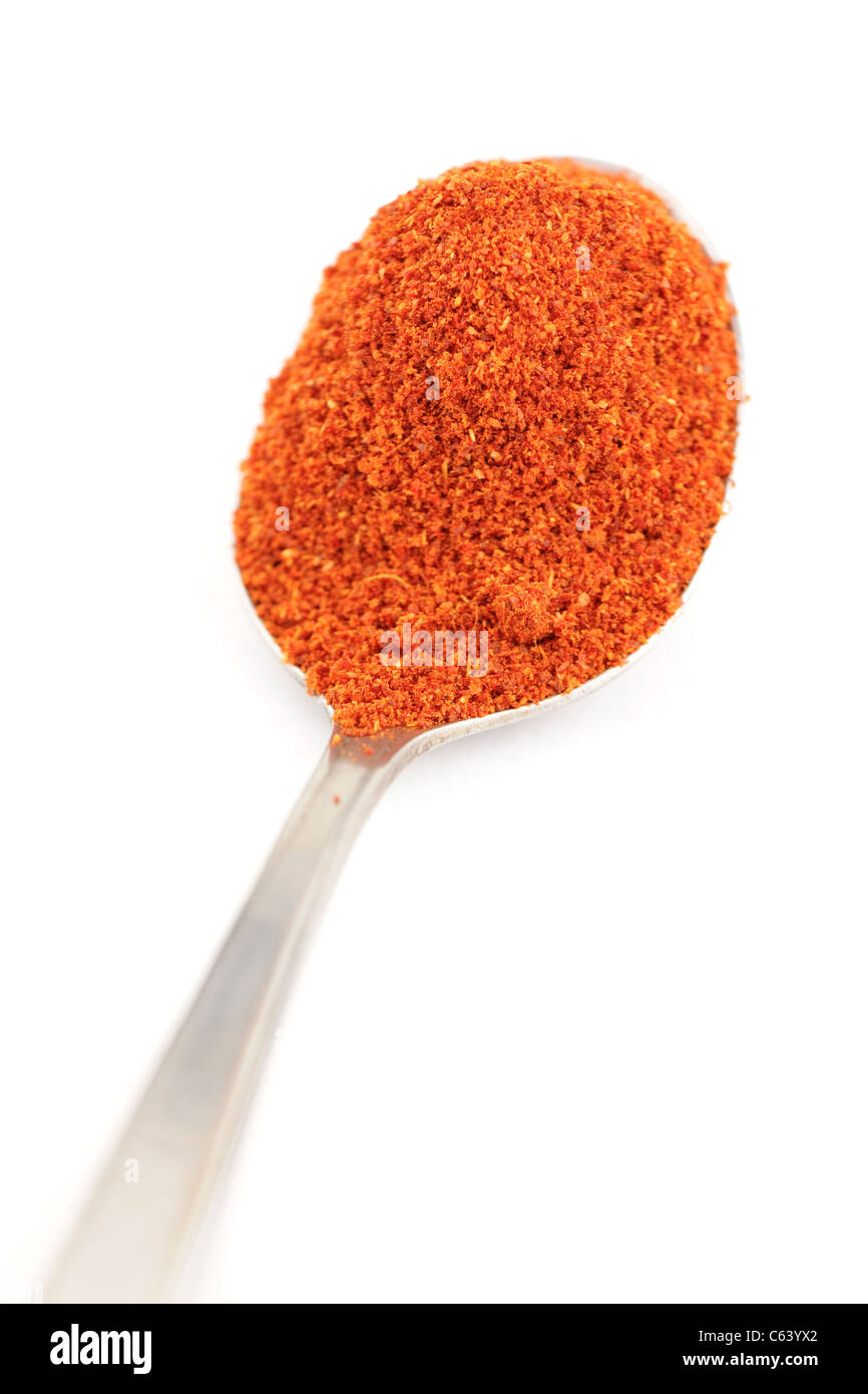 Teelöffel Cayenne-Chili-Pulver Stockfoto