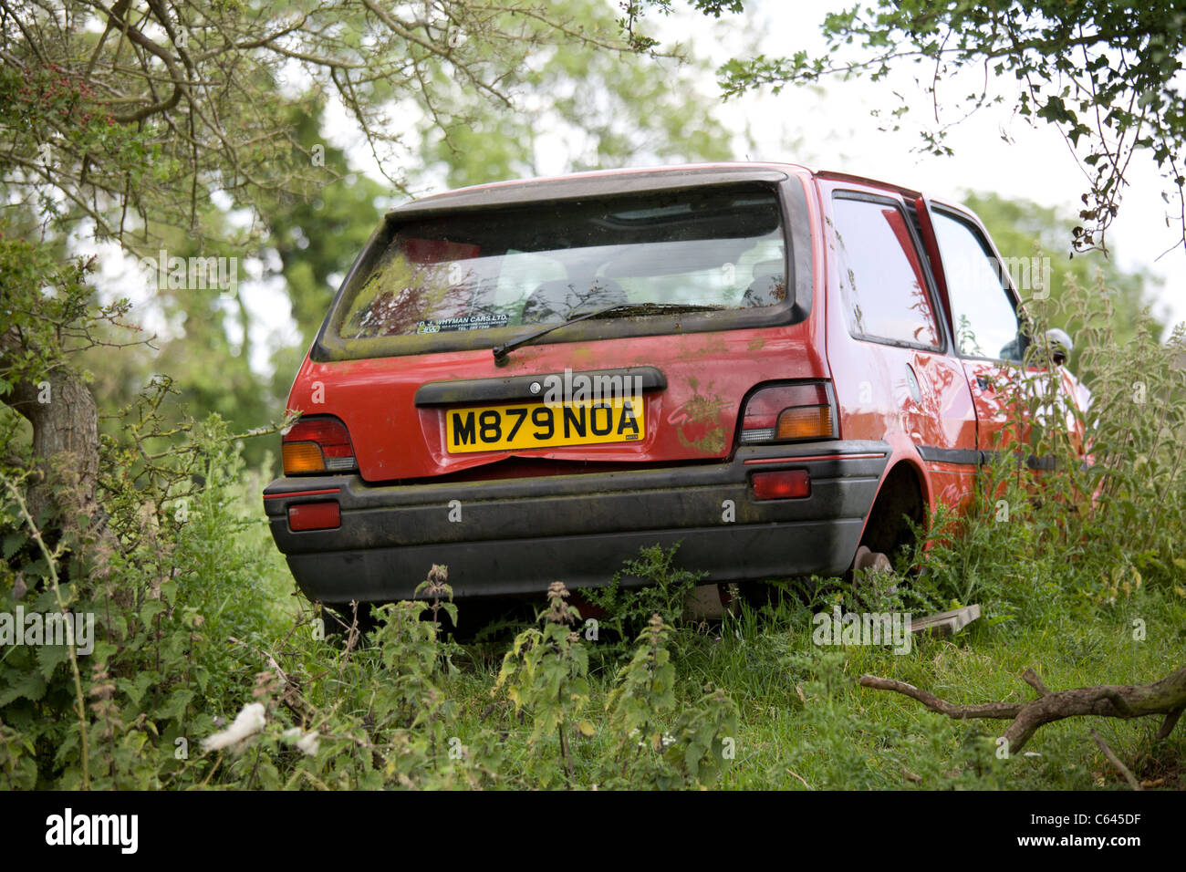 Alte verlassene rote Mini Metro Auto im Feld Stockfoto