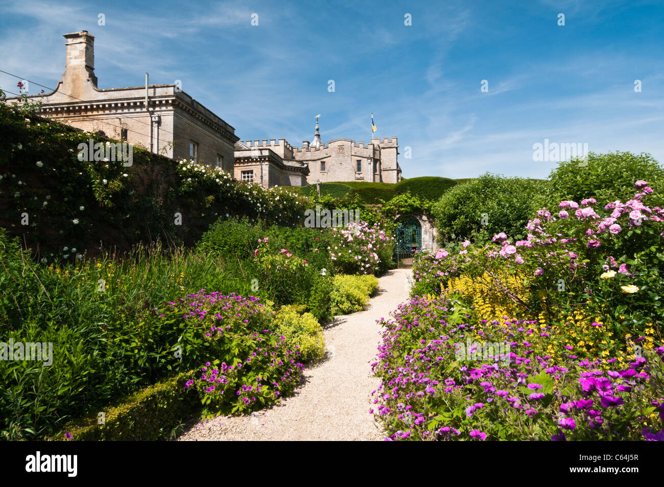 Bunte Herbacious Grenzen mit Rosen Linie einen Kiesweg innerhalb der ummauerten Garten Rousham House, Oxfordshire, England Stockfoto