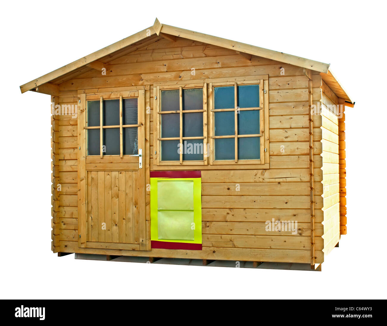 Neues Holzhaus zu verkaufen. Weiß isoliert Stockfoto