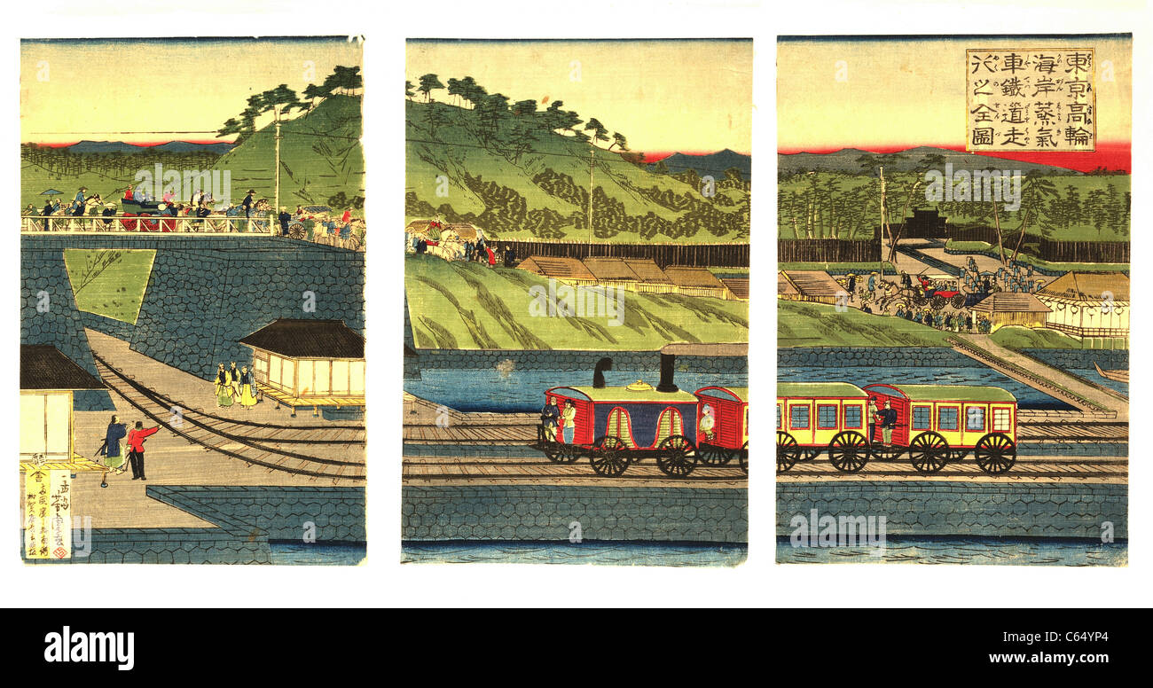 Ukiyo-e Triptychon: Dampfzug an Takanawa Küste von Utagawa Yoshitora Stockfoto