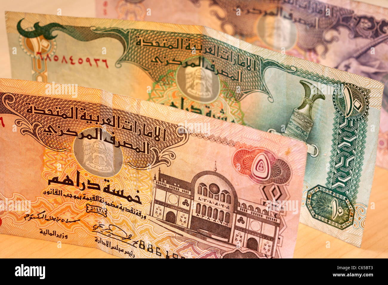 Zentralbank (EZB) Währung Banknoten Vereinigte Arabische Emirate Dirham selektiven Fokus Stockfoto