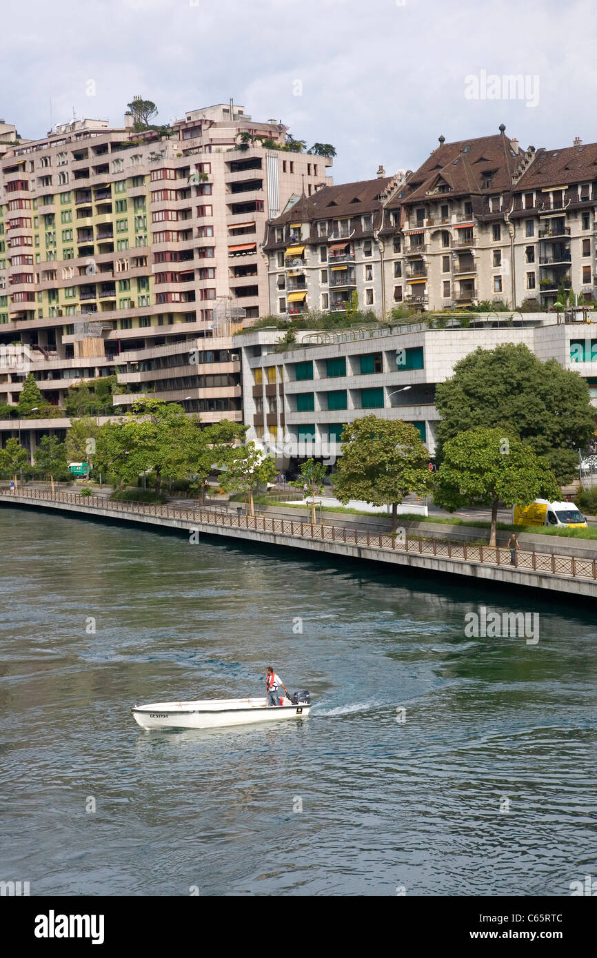 Quai Turettini in Genf - Fluss Rhône Stockfoto