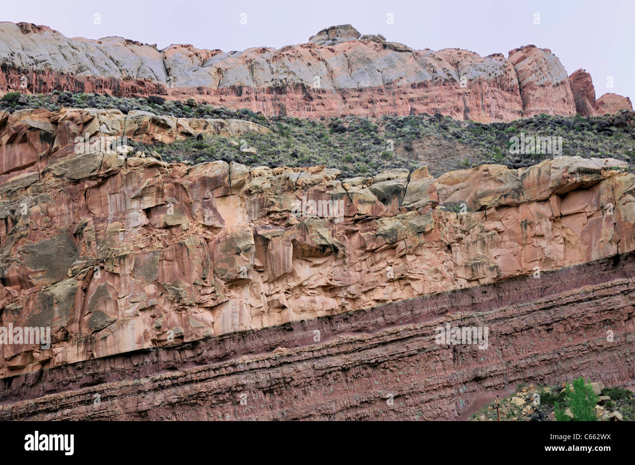Mehrfarbige sedimentären Gesteinsschichten sind offensichtlich in den bunten Klippen von Capitol Reef Nationalpark Stockfoto
