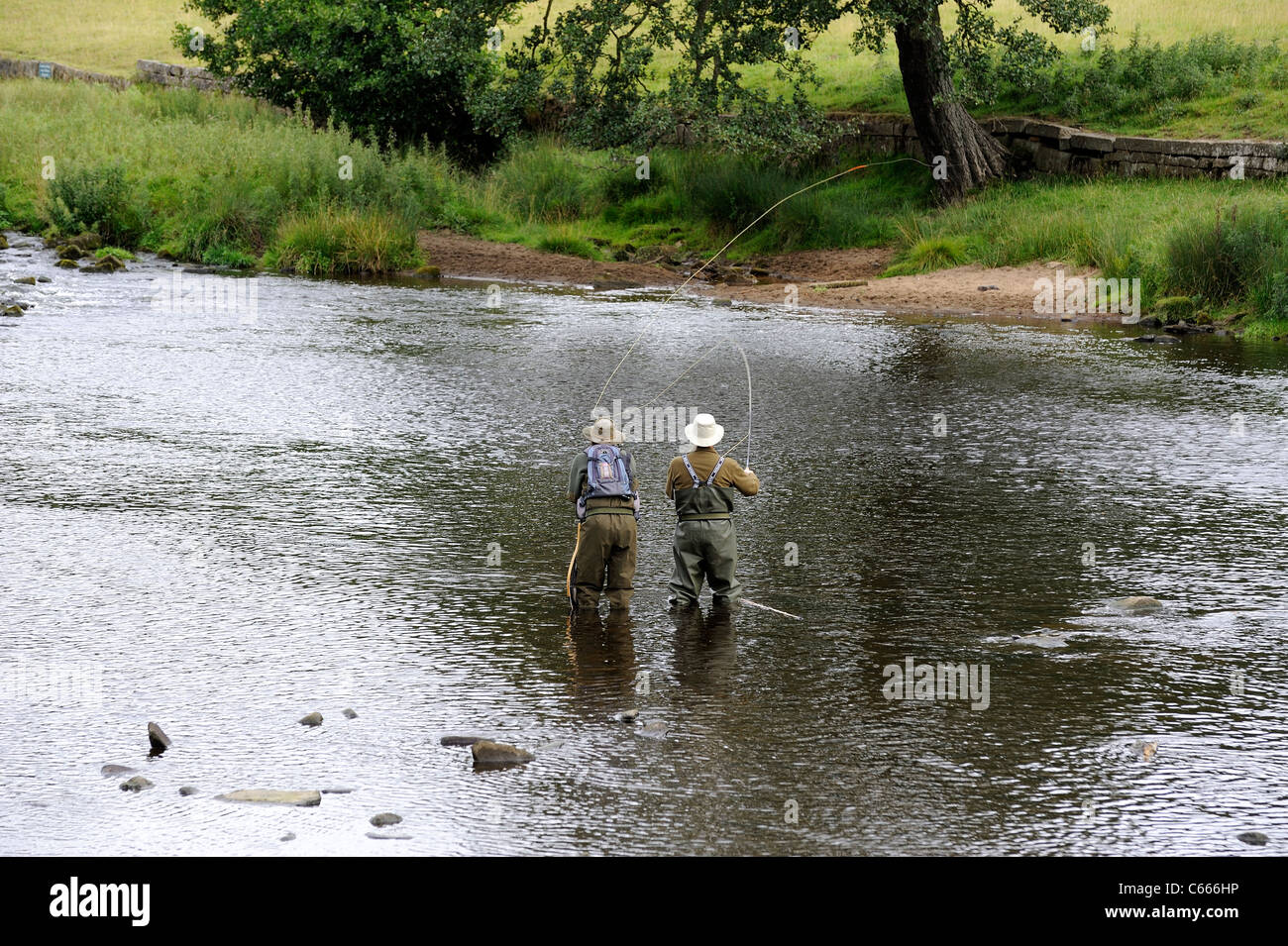 zwei Männer Fliegenfischen Fluss Derwent Chatsworth Anwesen Derbyshire England uk Stockfoto