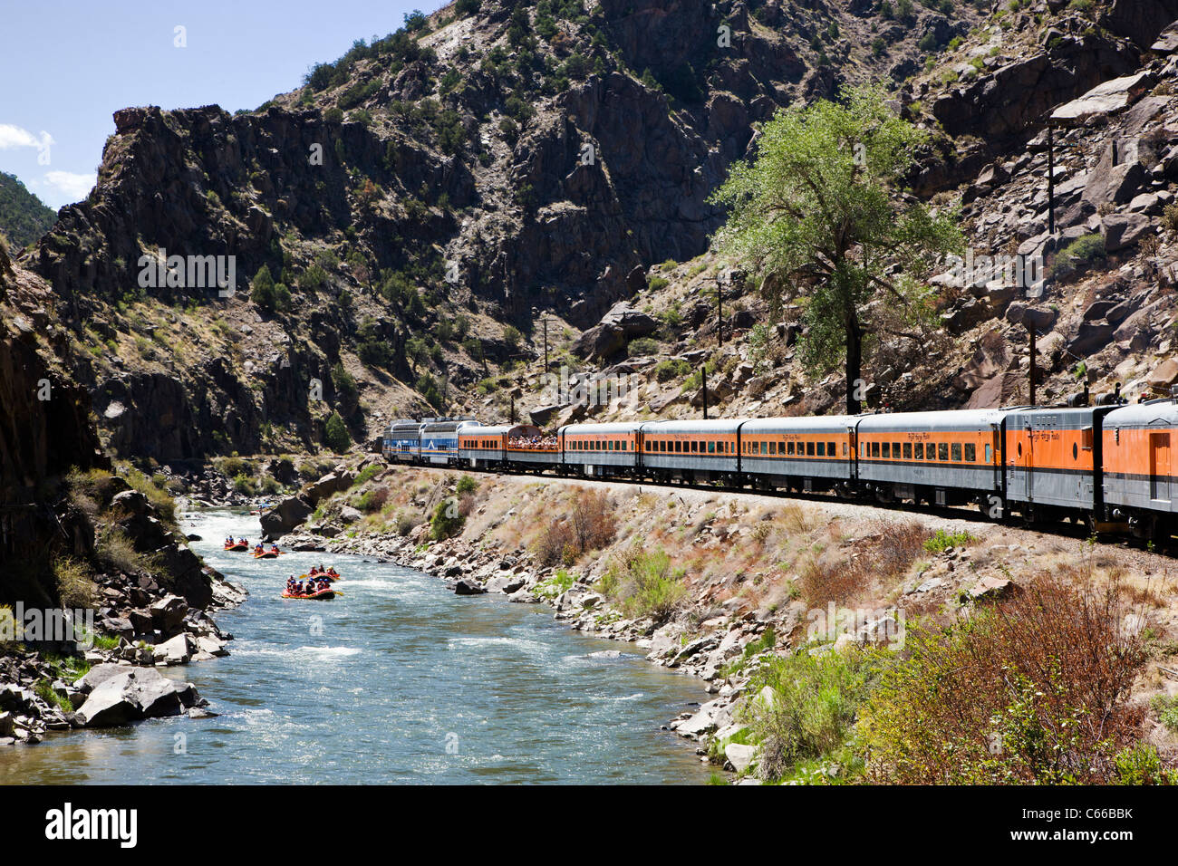 Beliebte touristische Zug fährt durch die 1.000' deep Royal Gorge Route entlang den Arkansas River, zentralen Colorado, USA Stockfoto