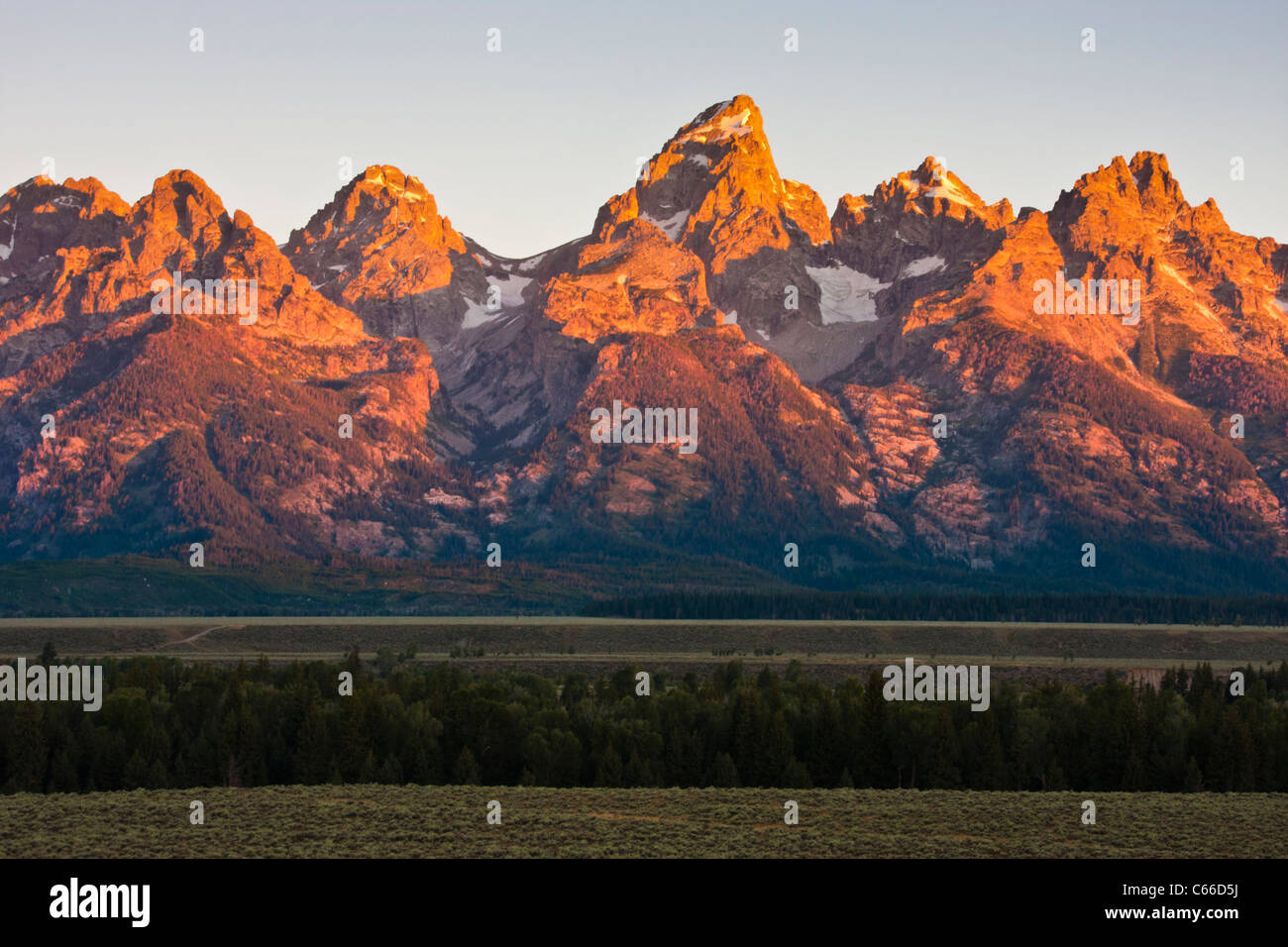 Sonnenaufgang am Grand-Teton-Nationalpark in Wyoming. Stockfoto