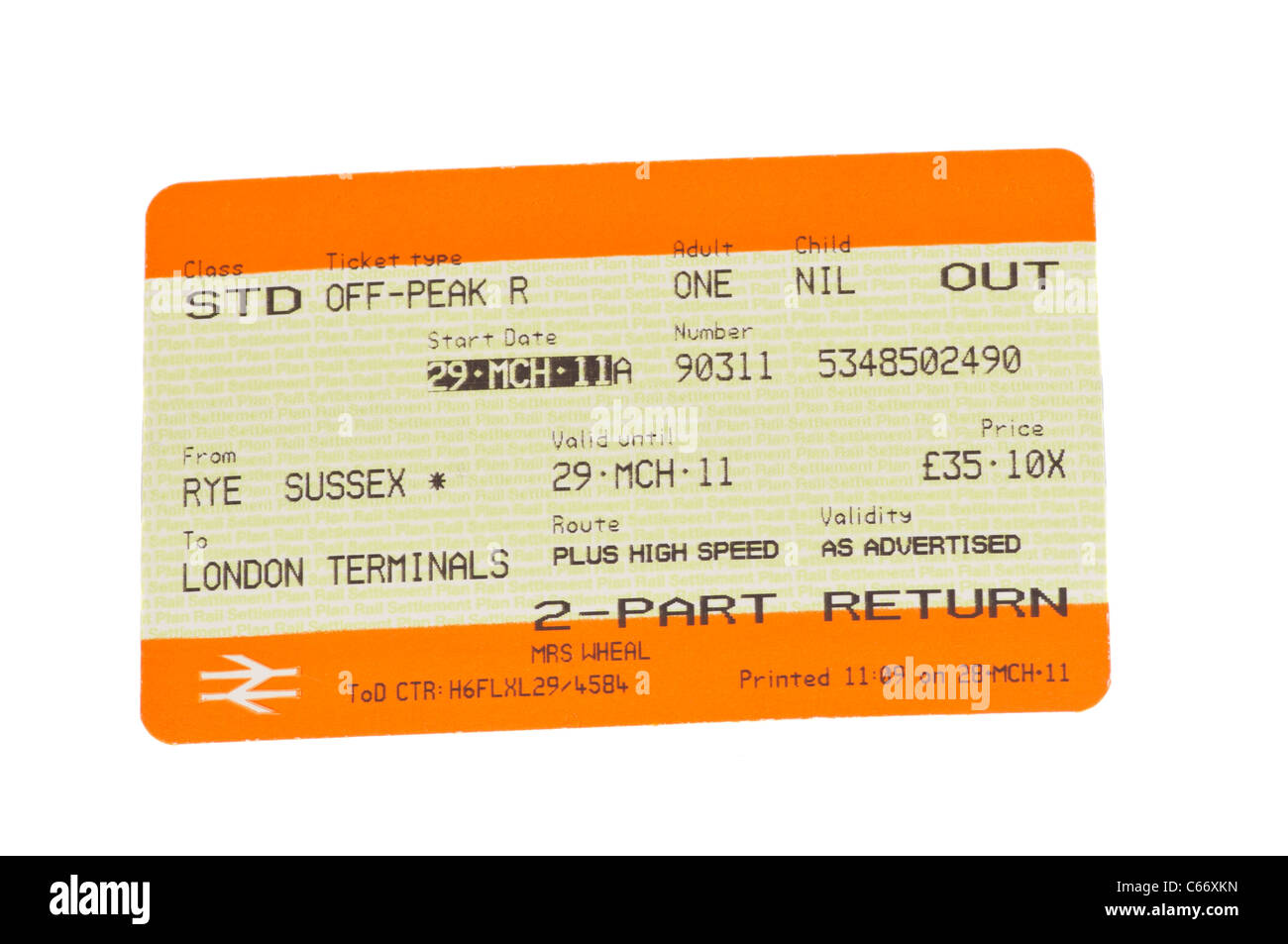 UK Zug Ticket Standard Off Peak Rückkehr Stockfoto
