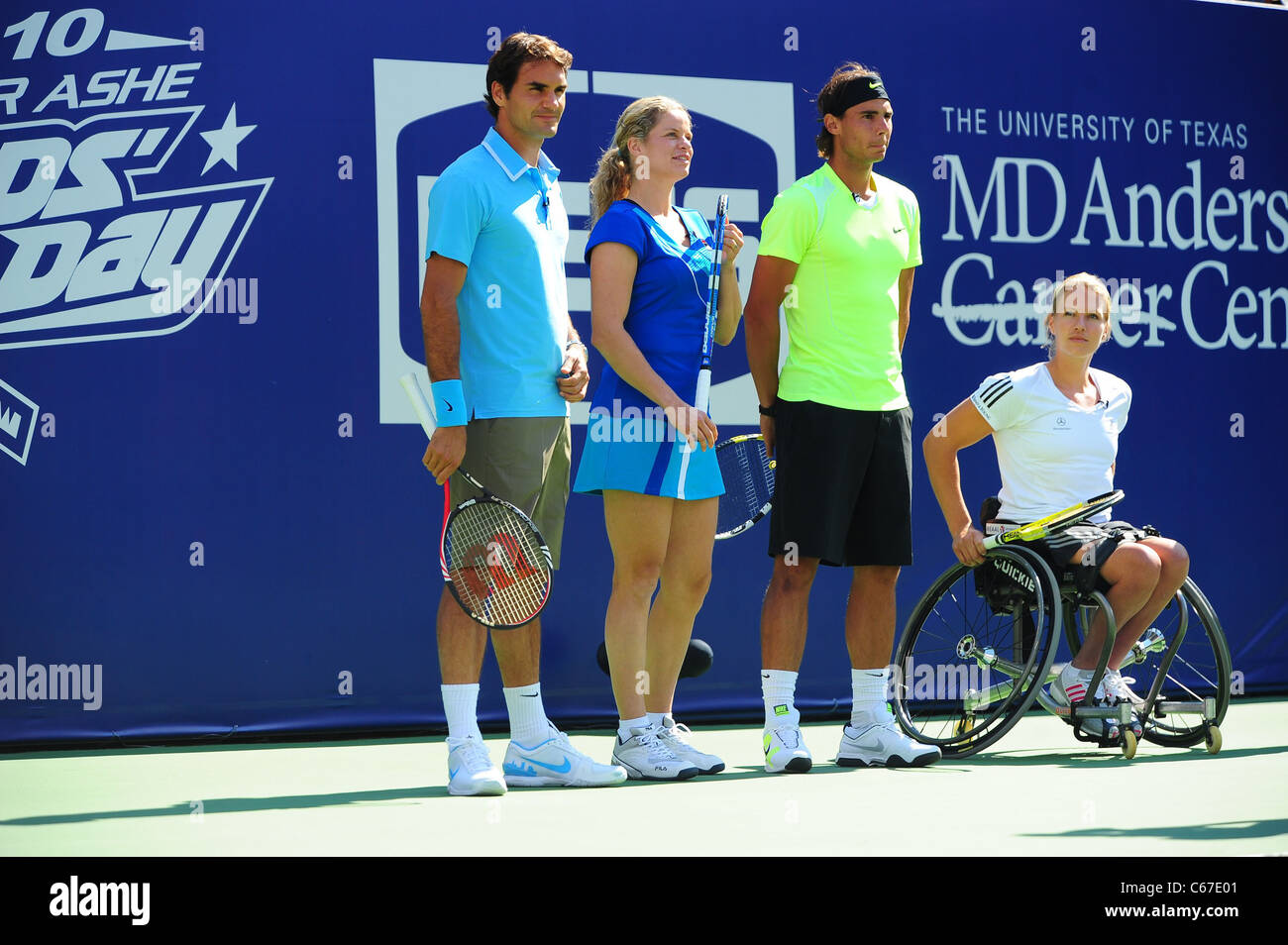 USTA Billie Jean King National, Kim Clijsters, Roger Federer und Rafael Nadal bei einem öffentlichen Auftritt für 2010 Arthur Ashe Kids Day Stockfoto