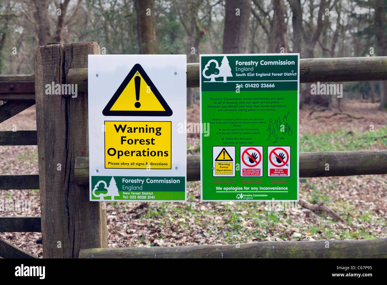 Forstwirtschaft Kommission forstliche Verfahrenstechnik Warnung Zeichen Zaun Bäume keinen Zugang Baum Fällen höflichen Hinweis Informationen Stockfoto