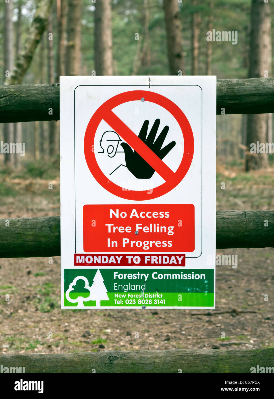 Forstwirtschaft Kommission forstliche Verfahrenstechnik Warnung Zeichen Zaun Bäume keinen Zugang Baum Fällen höflichen Hinweis Informationen Stockfoto