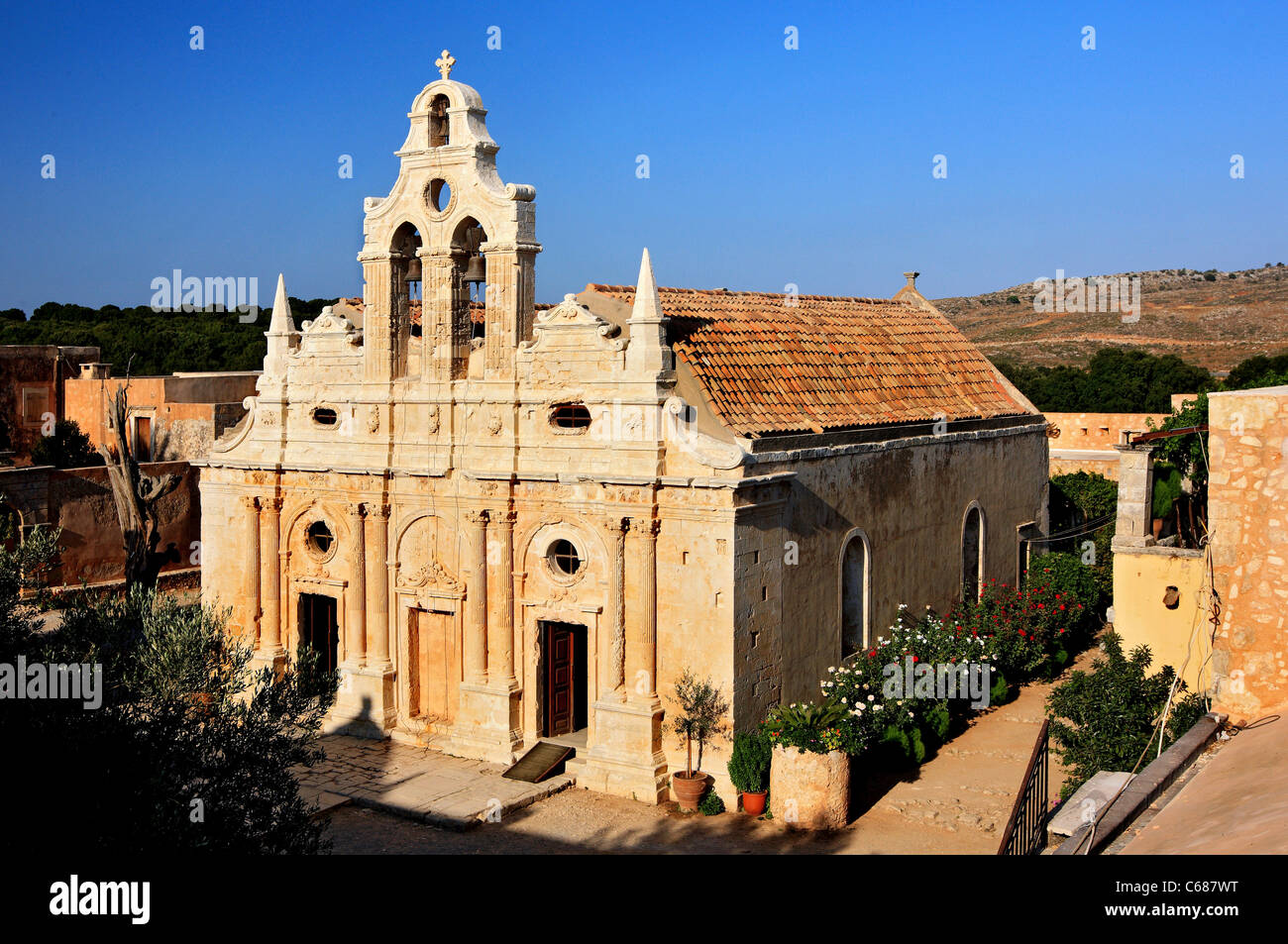 Die wichtigste Kirche von Kloster Arkadi, Symbol des Kampfes der Kreter gegen das Osmanische Reich, Rethymno, Kreta, Griechenland Stockfoto