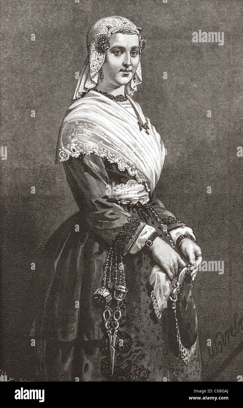 Eine Friesland Dame in typischer Kleidung aus dem 19. Jahrhundert. Stockfoto