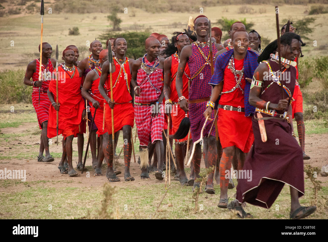 Masai Männer, dabei einen willkommenen Tanz tragen traditionelle Kleidung, in einem Dorf in der Masai Mara, Kenia, Afrika Stockfoto