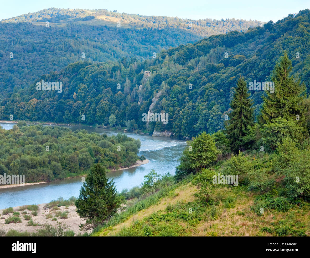 Sommer Stryj Talblick auf den Fluss (Lviv Oblast, Ukraine). Stockfoto