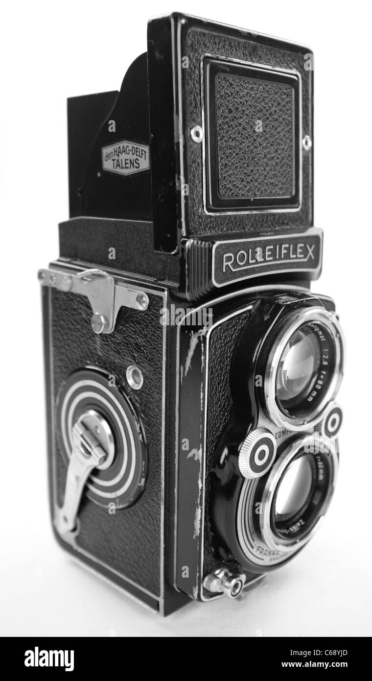 Gut gebrauchte professionelle Rolleiflex TLR Kamera 50er Jahre deutsche Mittelformat Franke & Heidecke ROLLEI ZEISS TESSAR 2.8 Objektiv Stockfoto