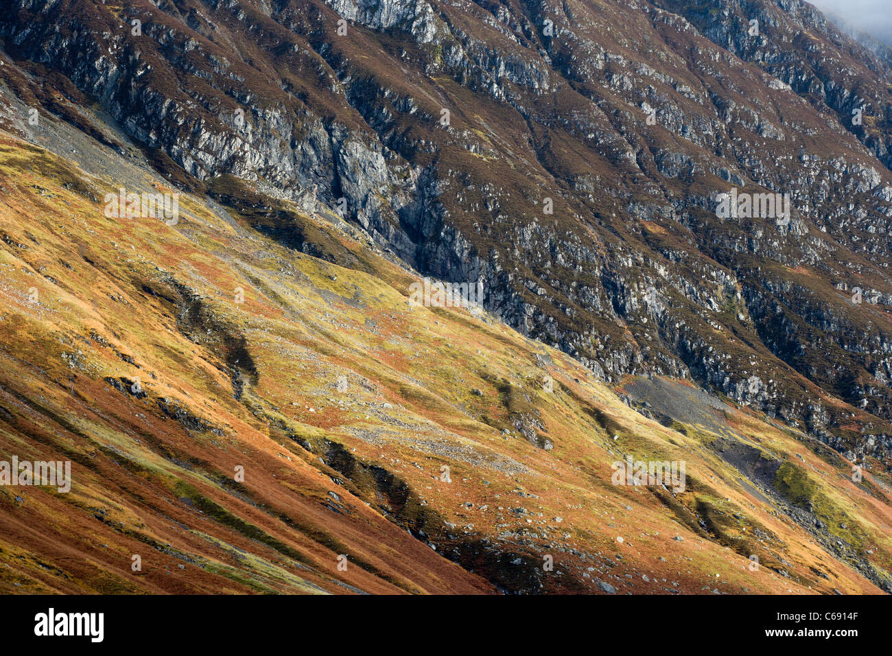 Sonnenlicht, eine Felswand unterhalb der Aonach Eagach Ridge in Glen Coe, Schottland Stockfoto