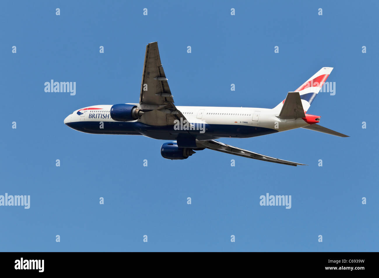 Eine Boeing 777 der BA - British Airways am Abreisetag Stockfoto