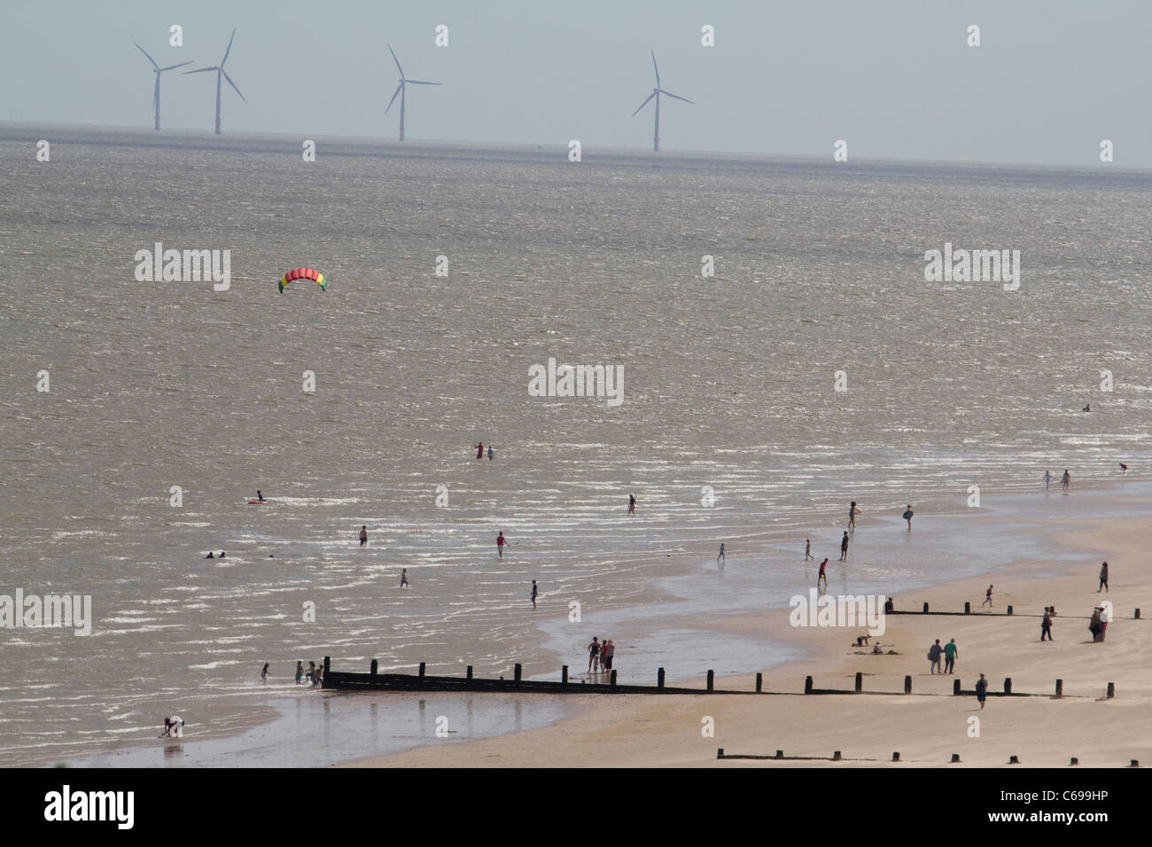 Frinton-on-Sea Beach, Essex, mit Holzkiefern an der Küste und Gunfleet Sands National Grid Windturbinen, die am Horizont in der Nordsee sichtbar sind Stockfoto