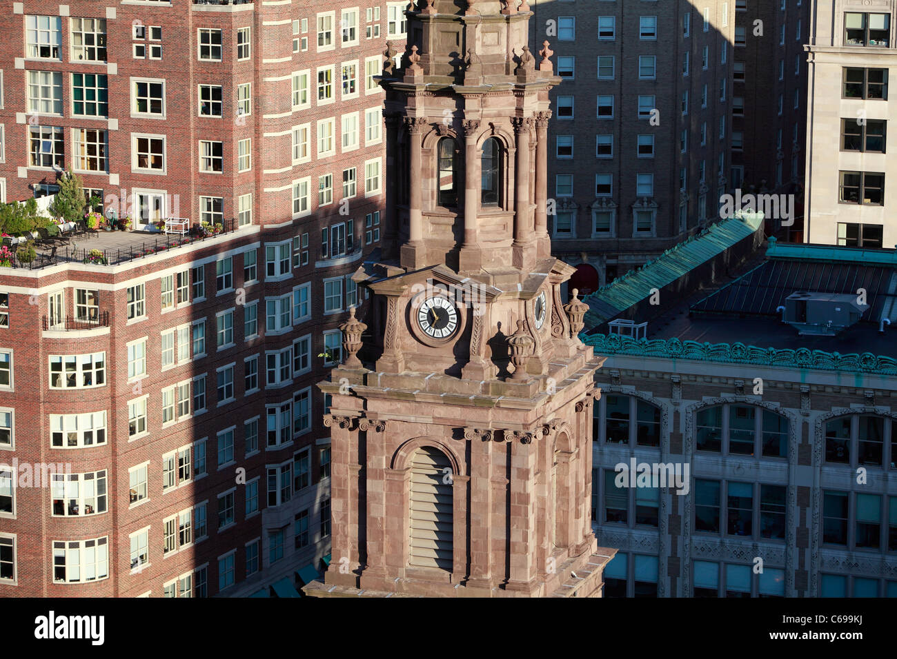 Arlington Straße Kirche Kirchturm, Boston, Massachusetts Stockfoto