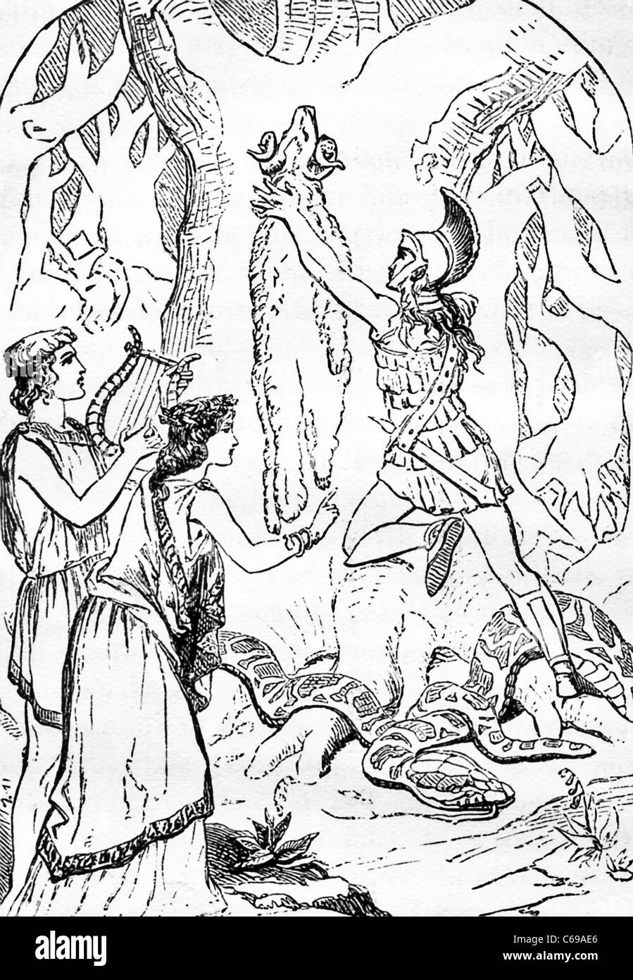 Hier sind Medea, die Tochter des Königs Aeetes von Colchis; Orpheus, charmant den Drachen; und Jason das goldene Vlies. Stockfoto