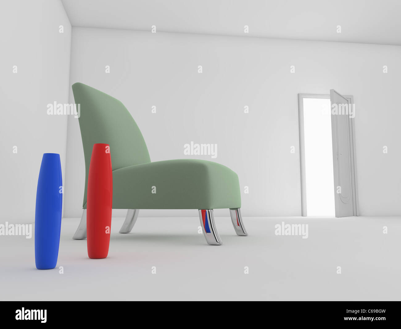 3D Stuhl mit offener Tür im Hintergrund Stockfoto