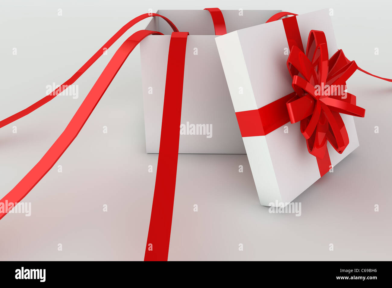 3D gerenderte Darstellung einer geöffneten Geschenkbox Stockfoto
