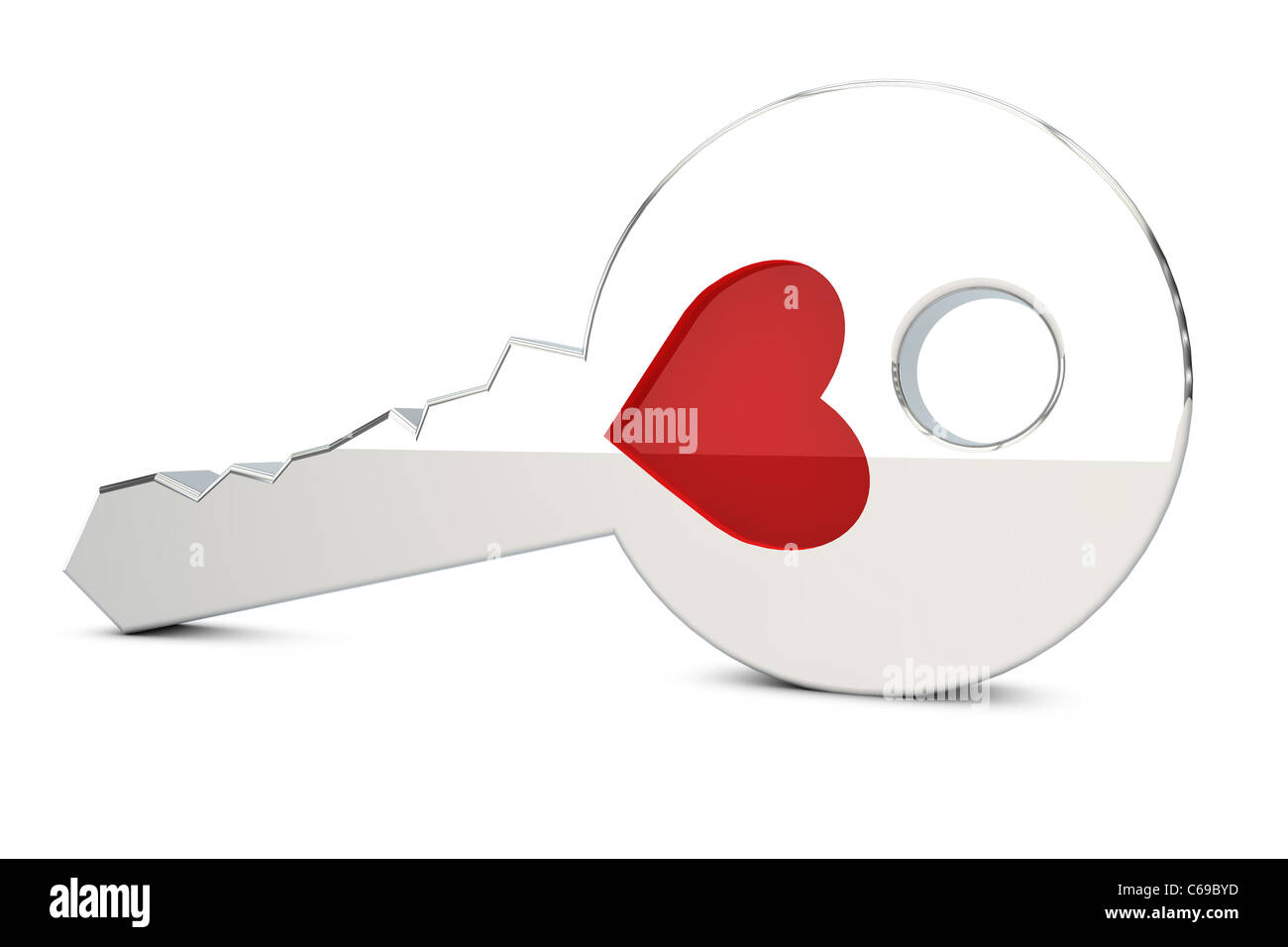 Schlüssel mit einem Herzsymbol auf weißem Hintergrund Stockfoto
