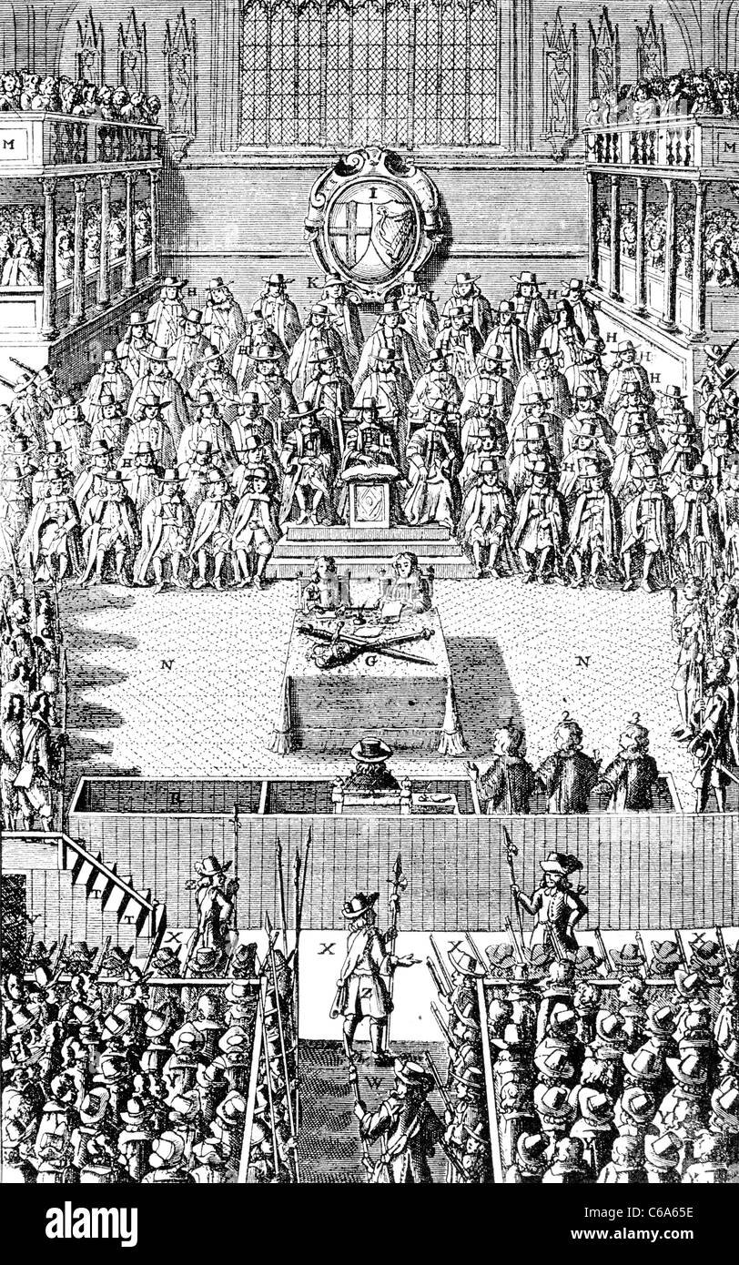 The Trial of King Karl I. von England, 1649; aus John Nalsons „Record of the Trial of Charles I., 1688“ im British Museum. Stockfoto
